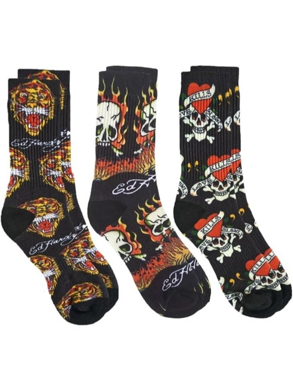 Ed Hardy Men Cushioned Crew Socks Tattoo Print 3-Pack Size Shoe 6-12